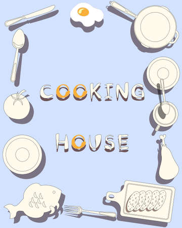 light background of kitchen items and tomato fish chicken sausage eggsのイラスト素材