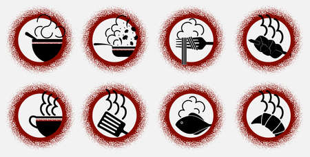 Art set of minimalistic logos of various dishes in the form of red and black signsのイラスト素材