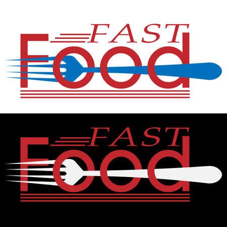 Creative fast food logo in the form of an inscription with a pierced fork in two versionsのイラスト素材