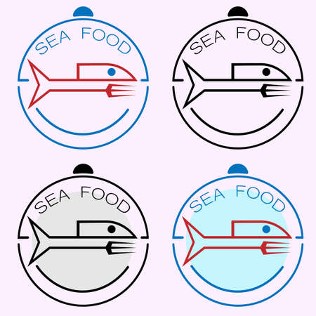 Creative seafood logo with a knife and fork in the form of abstract fishのイラスト素材