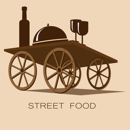 dish, wine and glasses on the cart table street food or cafeのイラスト素材