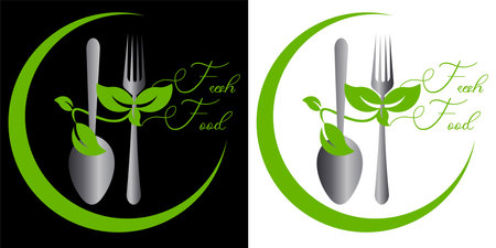 logo fresh food with fork and spoon and sprig of greensのイラスト素材