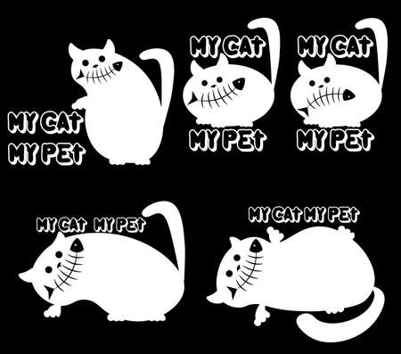 set my white cat my pet in different poses with fish skeleton and smiling 1のイラスト素材