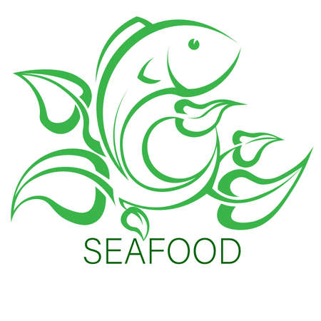 logo seafood fish in green leaves wavesのイラスト素材