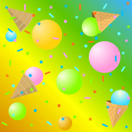 ice cream balls with cones and colored sprinkles on a rainbow backgroundのイラスト素材