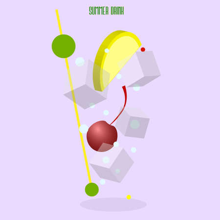 minimalistic summer cocktail with a lemon slice and ice and cherryのイラスト素材
