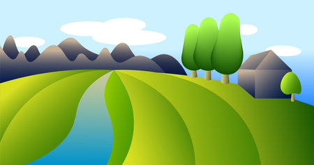 abstract illustration of a summer field, houses, trees and mountains with a riverのイラスト素材