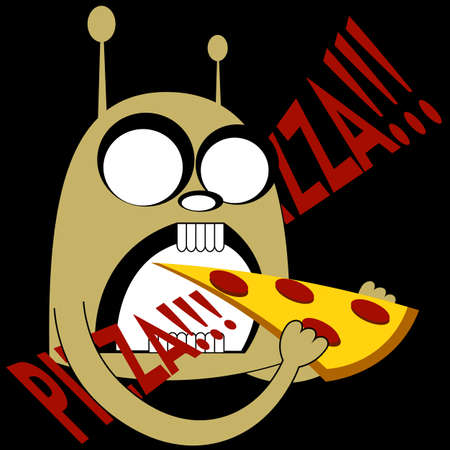 abstract alien eating slice of pizza on dark backgroundのイラスト素材