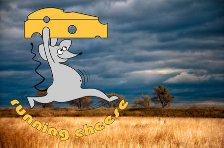 joyful mouse running with cheese against the background of cereals and a dark sky 1の写真素材