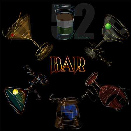 wine list for bar from a set of abstract glasses for wine cocktails and whiskeyのイラスト素材