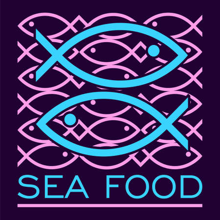 abstract sea food logo made of fish silhouettes on a dark backgroundのイラスト素材