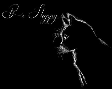 drawing of a kitten on a black background with a wish to be happyのイラスト素材