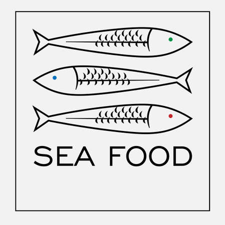 minimal black sea food icon of three fish in a squareのイラスト素材