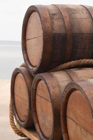 Oak kegs with grape wineの写真素材