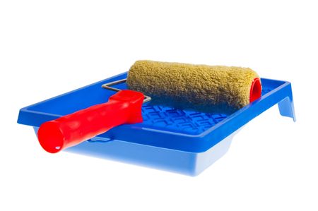 Paint roller with red plastic handle on the white background.の写真素材