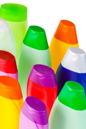 Set of colour plastic bottles with shampoo on white background. Isolated.の写真素材