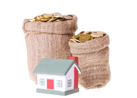 Toy small  house and bags with money. The concept of purchase of habitationの写真素材
