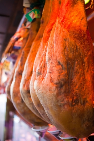 Delicious spanish hamon in the meat store close upの写真素材