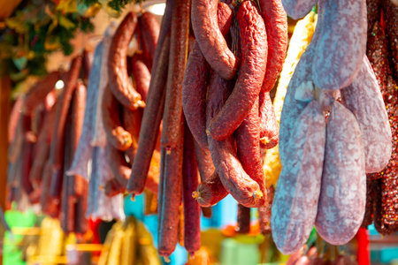 Delicious salami and other cold meats are on display at a grocery storeの写真素材