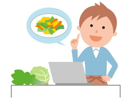 Men searching for recipes for cooking on their computersのイラスト素材