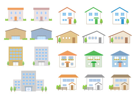 A set of exteriors of buildings, warehouses, houses, etc. Available in a variety of colors, so please choose the most suitable color according to your application.のイラスト素材
