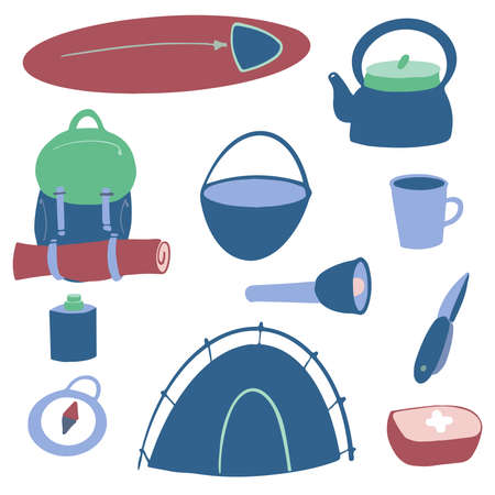 A set of items for Hiking and outdoor activities. Accessories for outdoor recreation. Sleeping bag, tent, lantern, backpack, bowler hat, compass. hand draw elements.のイラスト素材