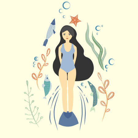 Girl in a swimsuit and monofin, underwater with fish and seaweed. Vector illustration in flat style.のイラスト素材