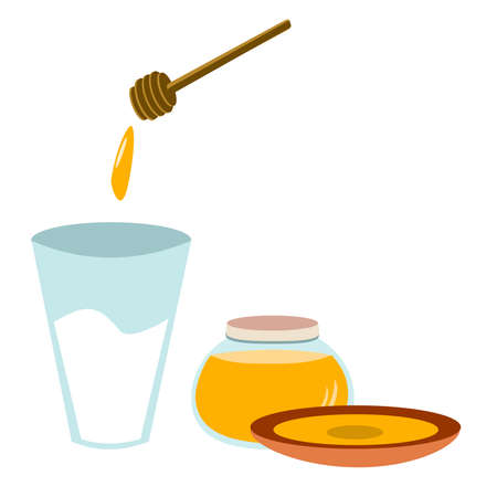 A jar of honey, honey dipper, and a glass of milk.のイラスト素材