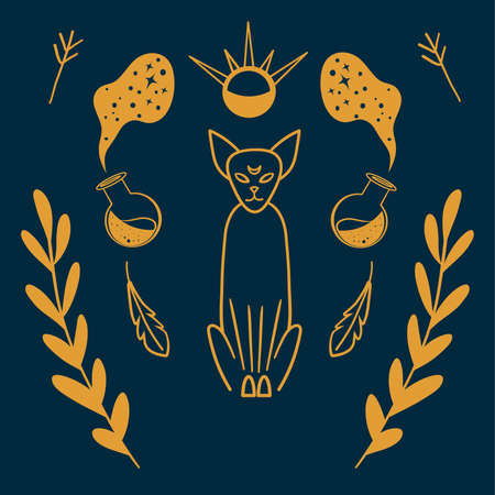 Occult cat and potions. Illustration of magic. Occultism and alchemy. Symbols of witchcraft and magic. Yellow illustration of magic, witchcraft, another world on a blue background.のイラスト素材