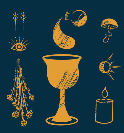 The sacred holy grail, occult hands and all-seeing eye illustrationのイラスト素材