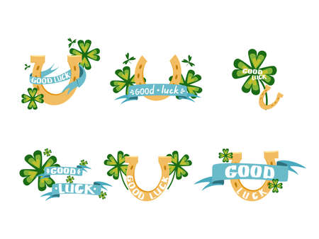 A set of vector illustrations with a four-leaf clover, a horseshoe and a ribbon and a wish of good luck. Good luck symbols with text. Vector illustration on a white isolated background.のイラスト素材