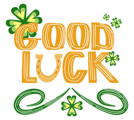 Fortune symbol horseshoe and four-leaf clover. The inscription wishes of good luck. Decorative element.のイラスト素材