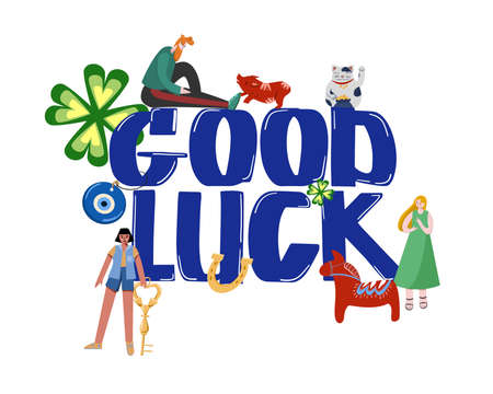 A banner with the inscription good luck surrounded by good fortune symbols and good luck talismans. Isolated illustration with symbols of success and people.のイラスト素材