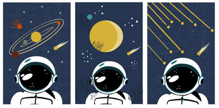 Vintage space poster: Astronaut in space. Retro posters on space themes. Cosmonaut and the solar...