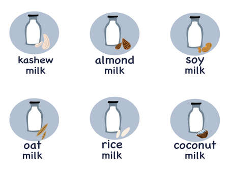 Bottles of vegetable milk. Vector illustration of vegetarian milk. Lactose-free milk.のイラスト素材