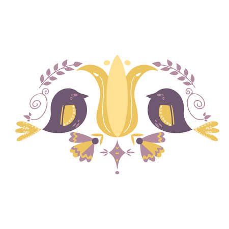 Illustration of birds in folk style with ornaments and flowers. Stylization of folk art.のイラスト素材