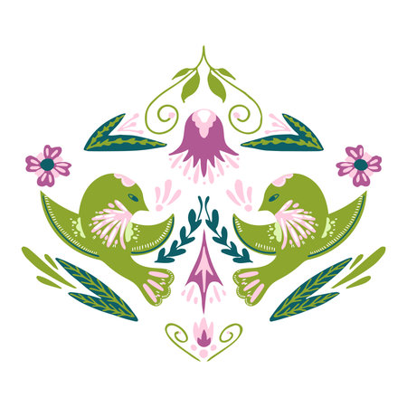 Illustration of birds in folk style with ornaments and flowers. Stylization of folk art.のイラスト素材