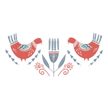 Illustration of birds in folk style with ornaments and flowers. Stylization of folk art.のイラスト素材