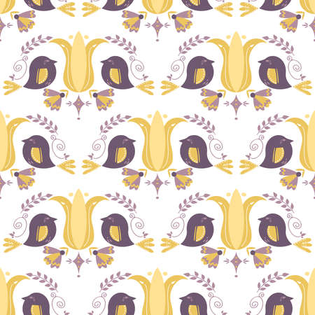 Seamless pattern with birds and flowers. Illustration in folk style. Print for posters. Postcard design.のイラスト素材