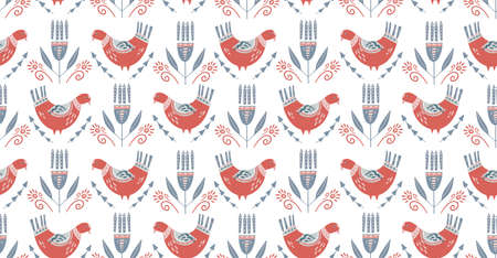 Seamless pattern with birds and flowers. Illustration in folk style. Print for posters. Postcard design.のイラスト素材