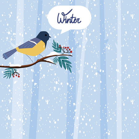 Beautiful winter chickadee branch, great design for any purpose. Winter vector illustration. Winter nature, festive design. Snowy weather. Tit in the forestのイラスト素材
