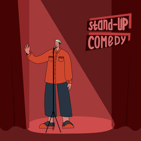 Stand-up comedic woman. Comedy artist. The performance of a female comedianのイラスト素材