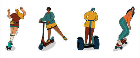 A set of girls on personal transport. Girls ride a skateboard. Girls ride roller skates. Girls ride a scooter and electric transport - a gyro scooter. Active leisureのイラスト素材