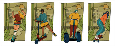 Girls travel by private transport. Urban mobile transport. Women on a skateboard. Women on roller...