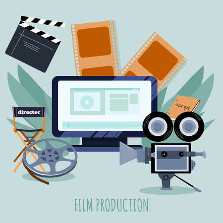 Video recording. Ð video production of a vector illustration of a flat design. Creating a media product. Video editingのイラスト素材
