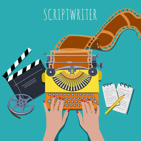 Creating a script for a movie, video. Womens hands are typing on a typewriter. The work of a screenwriterのイラスト素材