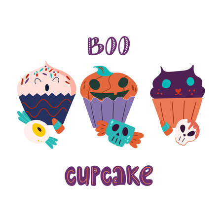 Funny muffins in the form of a creepy pumpkin, a ghost and a cat. Halloween illustration with cute and creepy sweets. A bag of pumpkins, a bucket of sweetsのイラスト素材