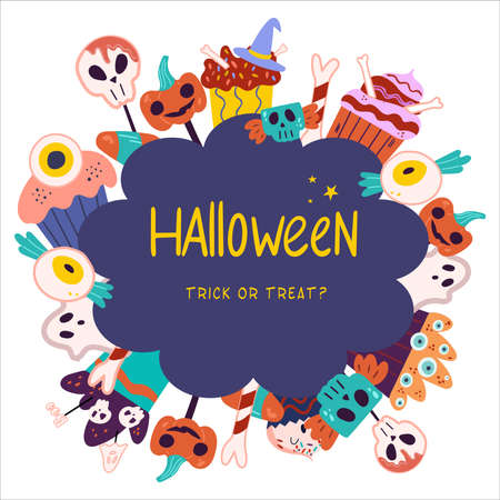 Halloween vector template isolated on a white background. A template with the text trick or treat. Sticker with scary sweets.のイラスト素材