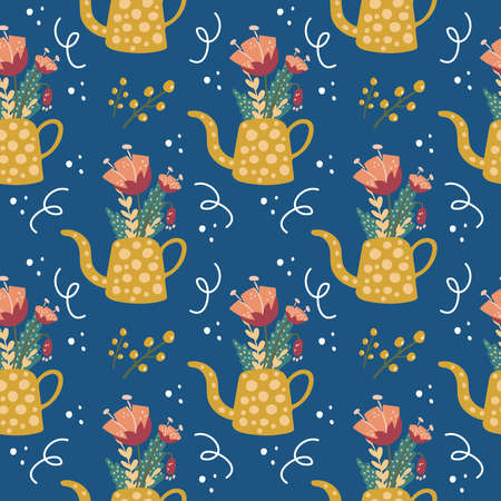Seamless pattern with watering can and flowers. For textiles, packaging, wallpaper.のイラスト素材