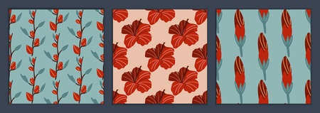 A set of seamless patterns with hibiscus flowers. Hibiscus bud and hibiscus branch. Ornament for textilesのイラスト素材